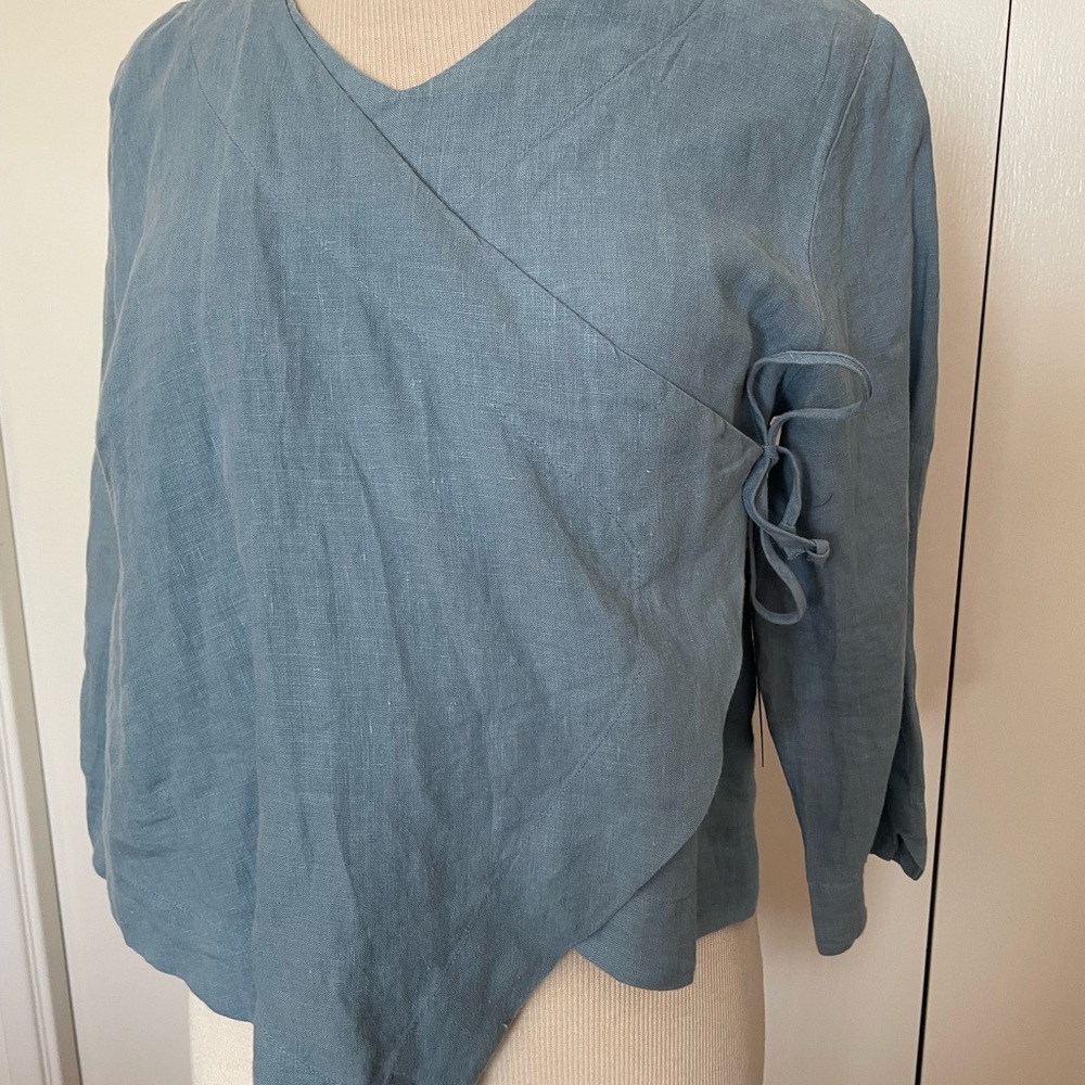 bryn Walker XS Dusty Blue Faux Wrap Blouse with Side Tie